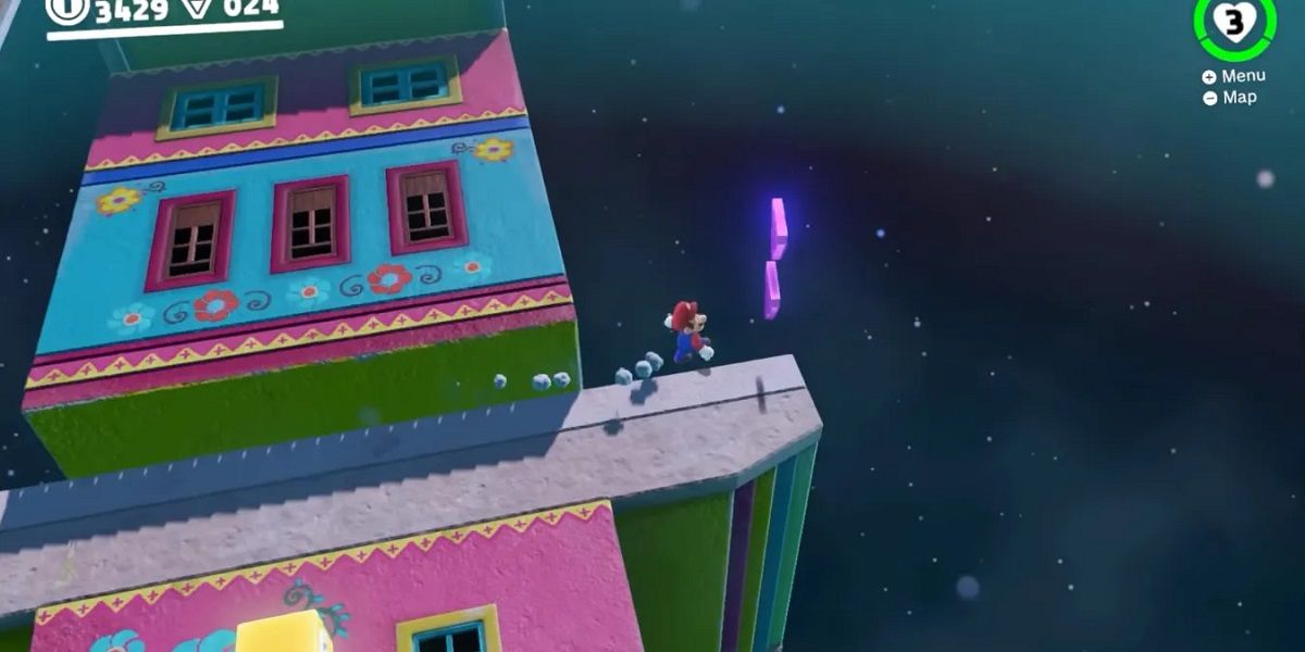 Super Mario Odyssey Sand Kingdom Mario is at the edge of the platform in the bonus area