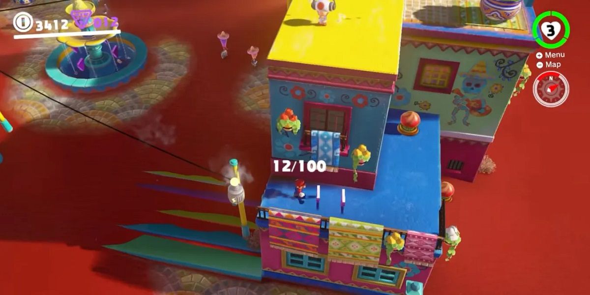 Super Mario Odyssey Sand Kingdom Mario stands on the balcony of the building There is an electric wire