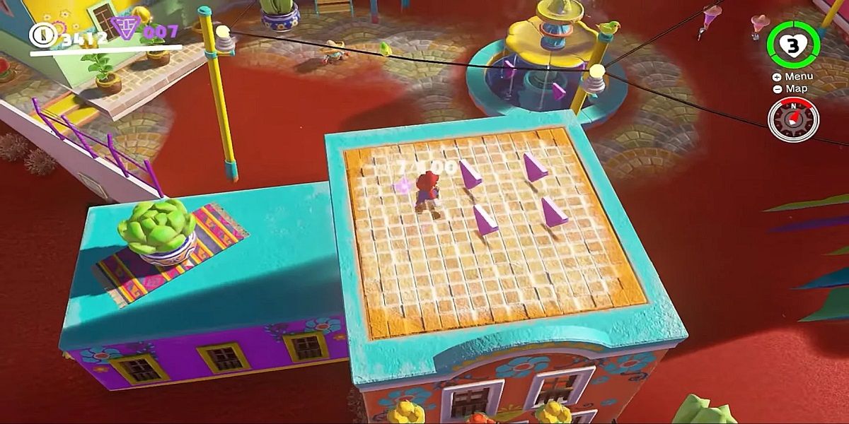 super mario odyssey mario collecting purple coins on the roof of sand kingdom