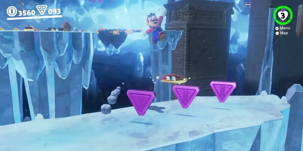 Super Mario Odyssey Sand Kingdom Mario leaps for purple coins in an ice cave