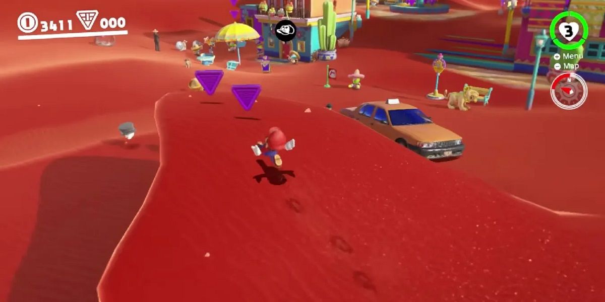 Super Mario Odyssey Mario runs up the dunes of Sand Kingdom