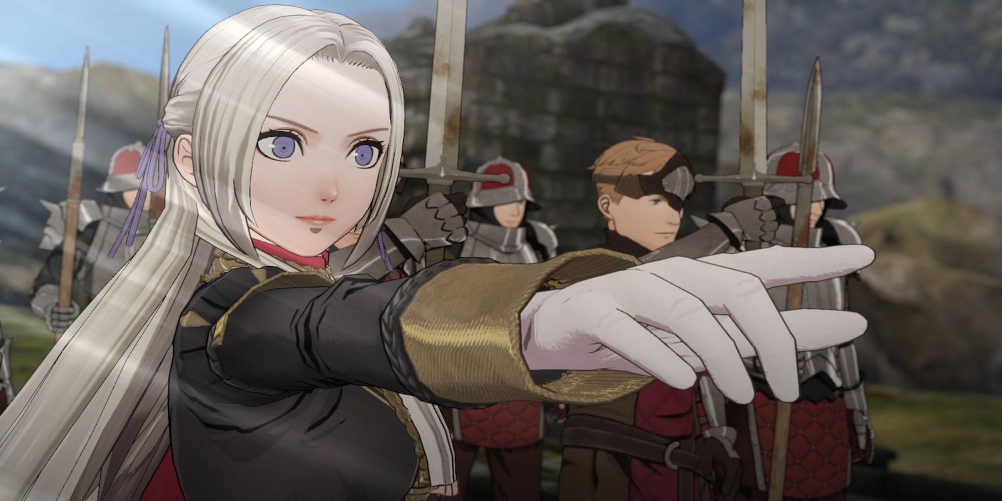 Edelgard pointing off-screen (Fire Emblem: Three Houses)