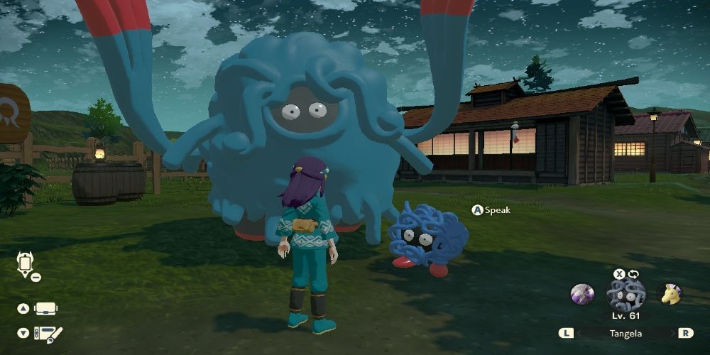 Tangela and Tangrowth in Jubilife Village with the Player in Pokémon Legends: Arceus
