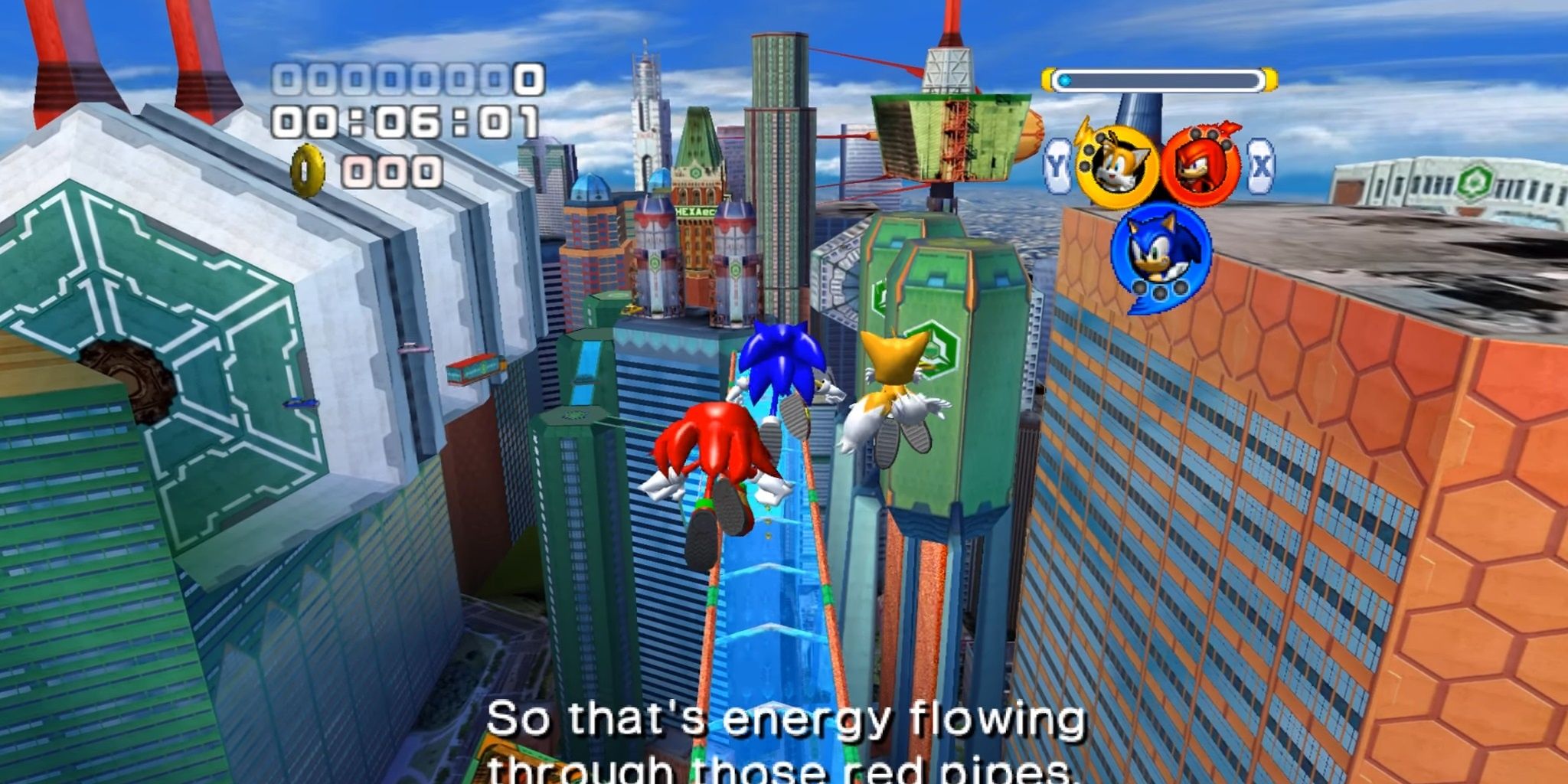 Sonic, Tails, And Knuckles As Team Sonic In Grand Metropolis In Sonic Heroes