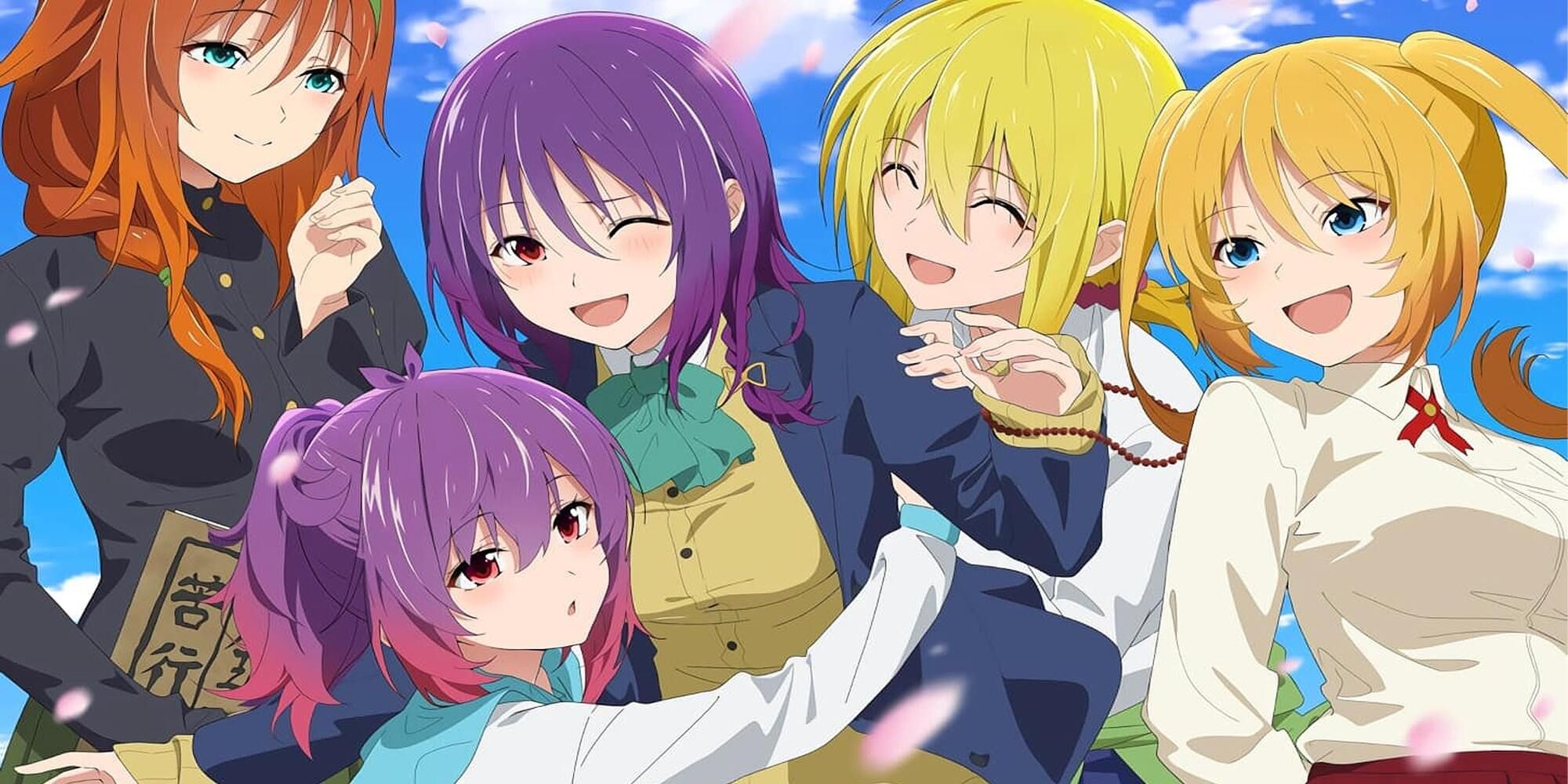 Akimitsu stands smiling with four girls in Temple anime image.