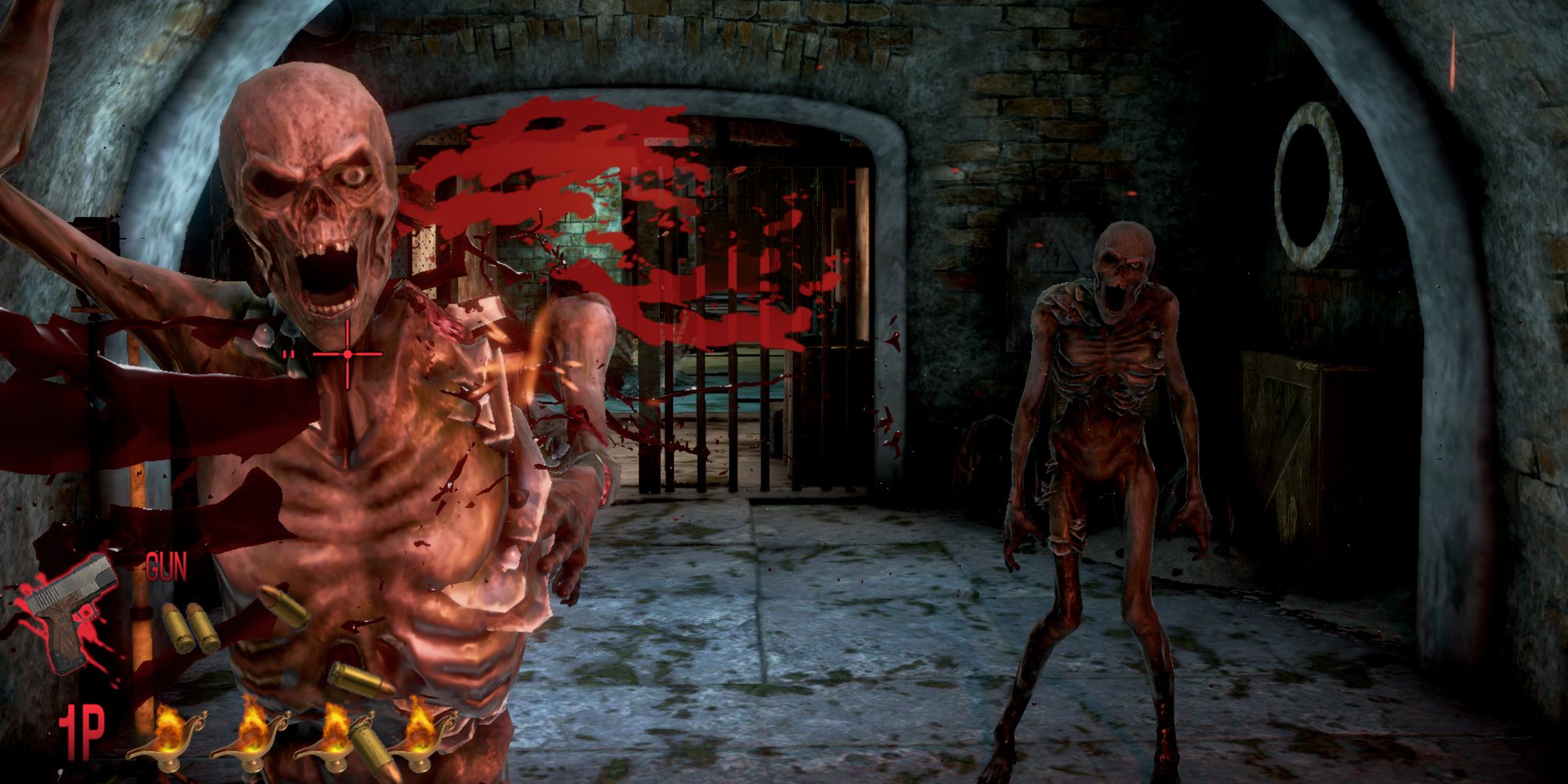 Two skeletal zombies from The House Of The Dead Remake attack the player.
