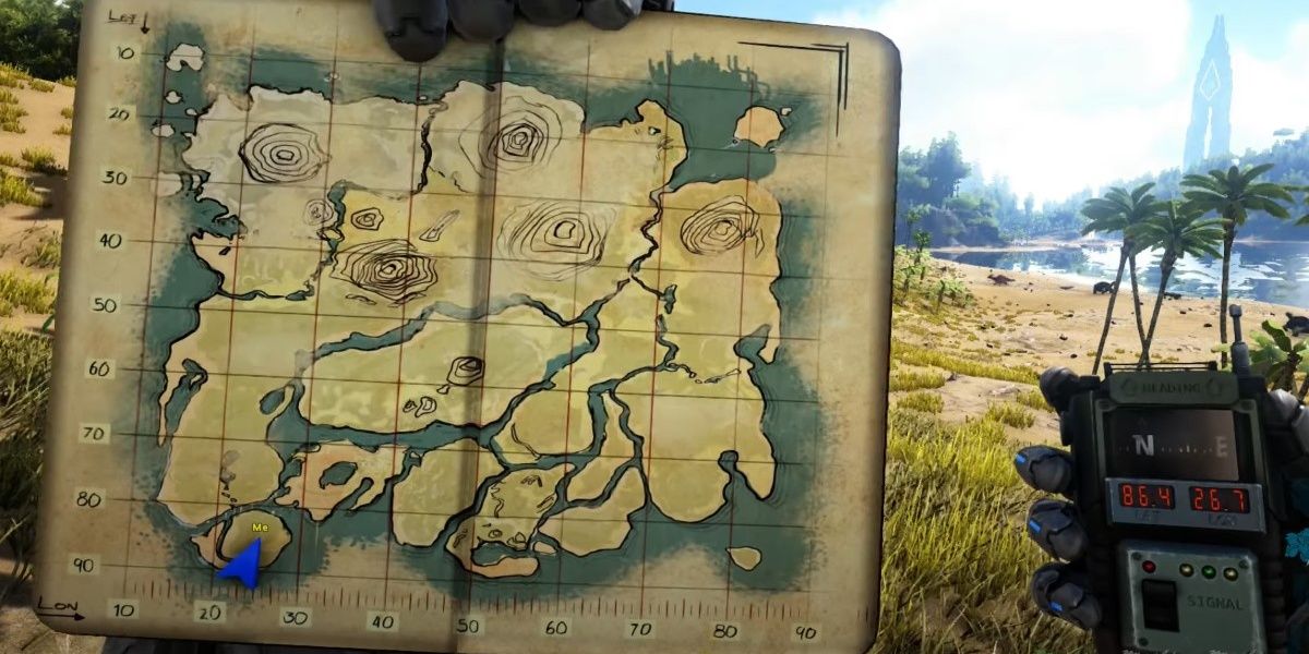 The character in Ark Survival Evolved holds an island map showing the character's location with the island scene in the background.