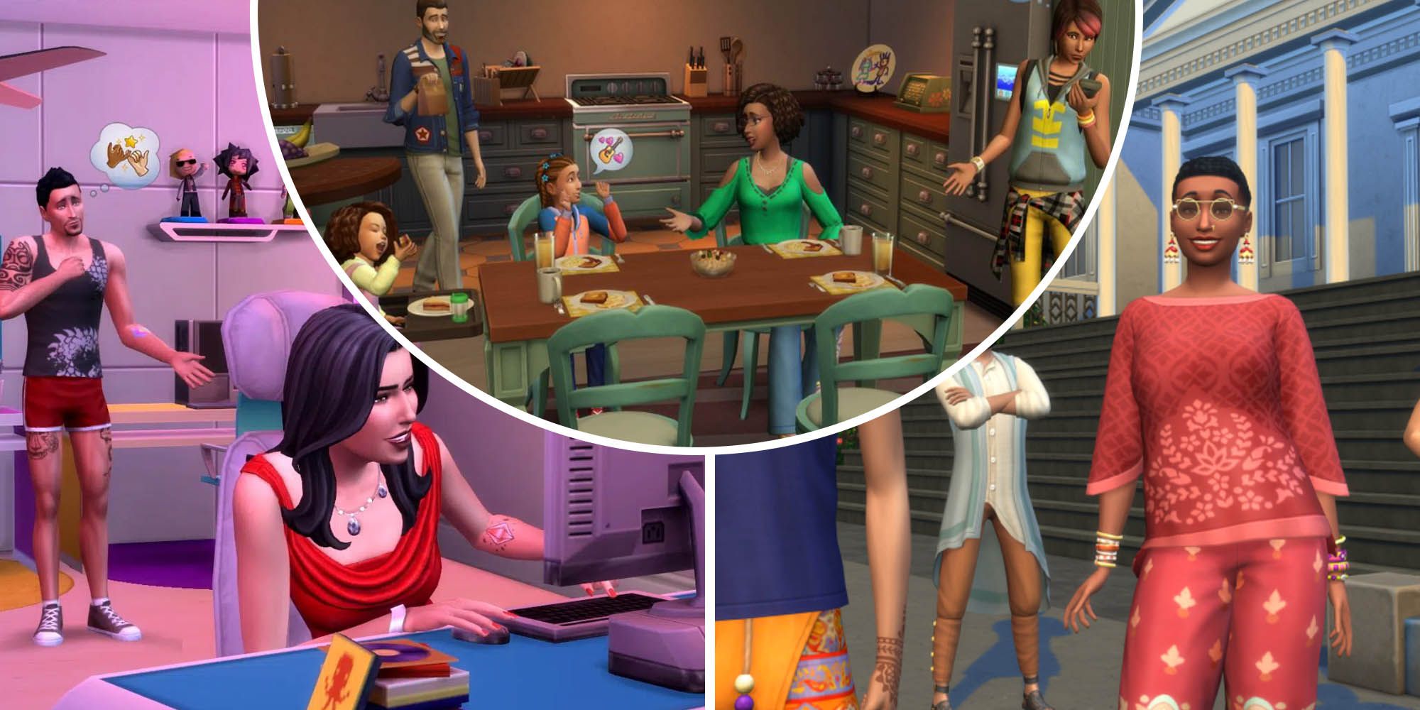 The Sims 4 sims using computer and others are having dinner