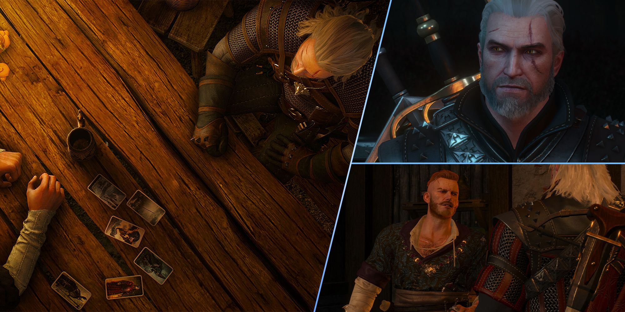 An image of Geralt playing Gwent, and two more images showing Olgierd and Geralt