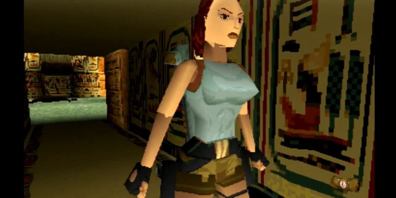 Lara Croft walks out of a tomb