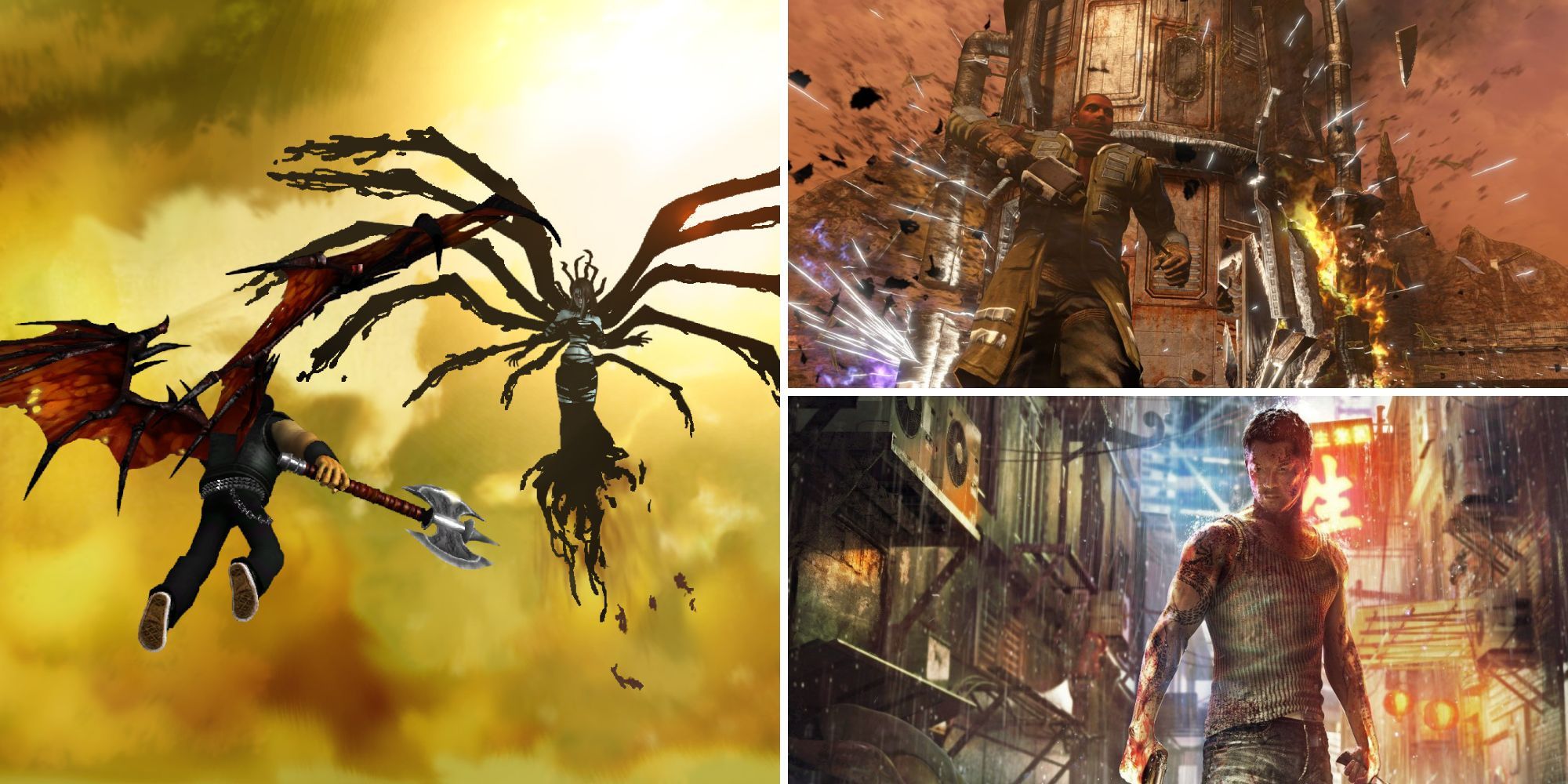 Collage of Most Criminally Underrated Open-World Games (Brutal Legend, Red Faction: Guerilla, Sleeping Dogs)