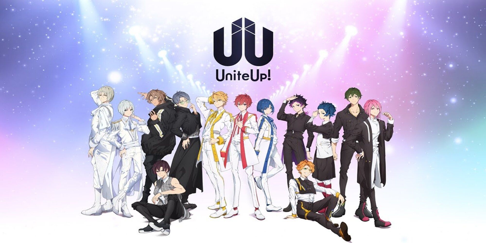 Four idol groups from UniteUp! anime stand together in front of a galaxy-themed background.