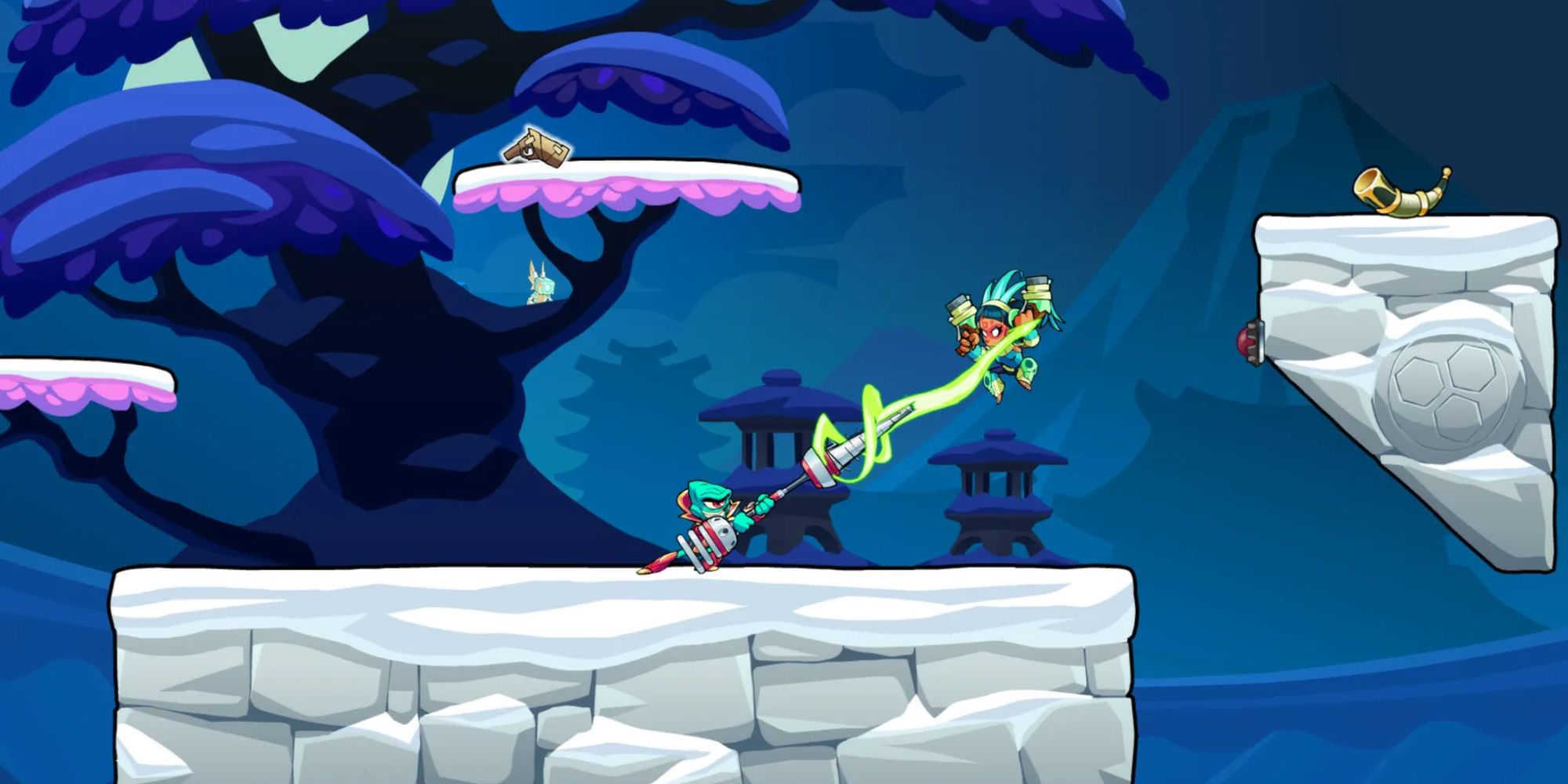 Alien Character Fighting Aztec Based Character With A Laser Weapon In Brawlhalla