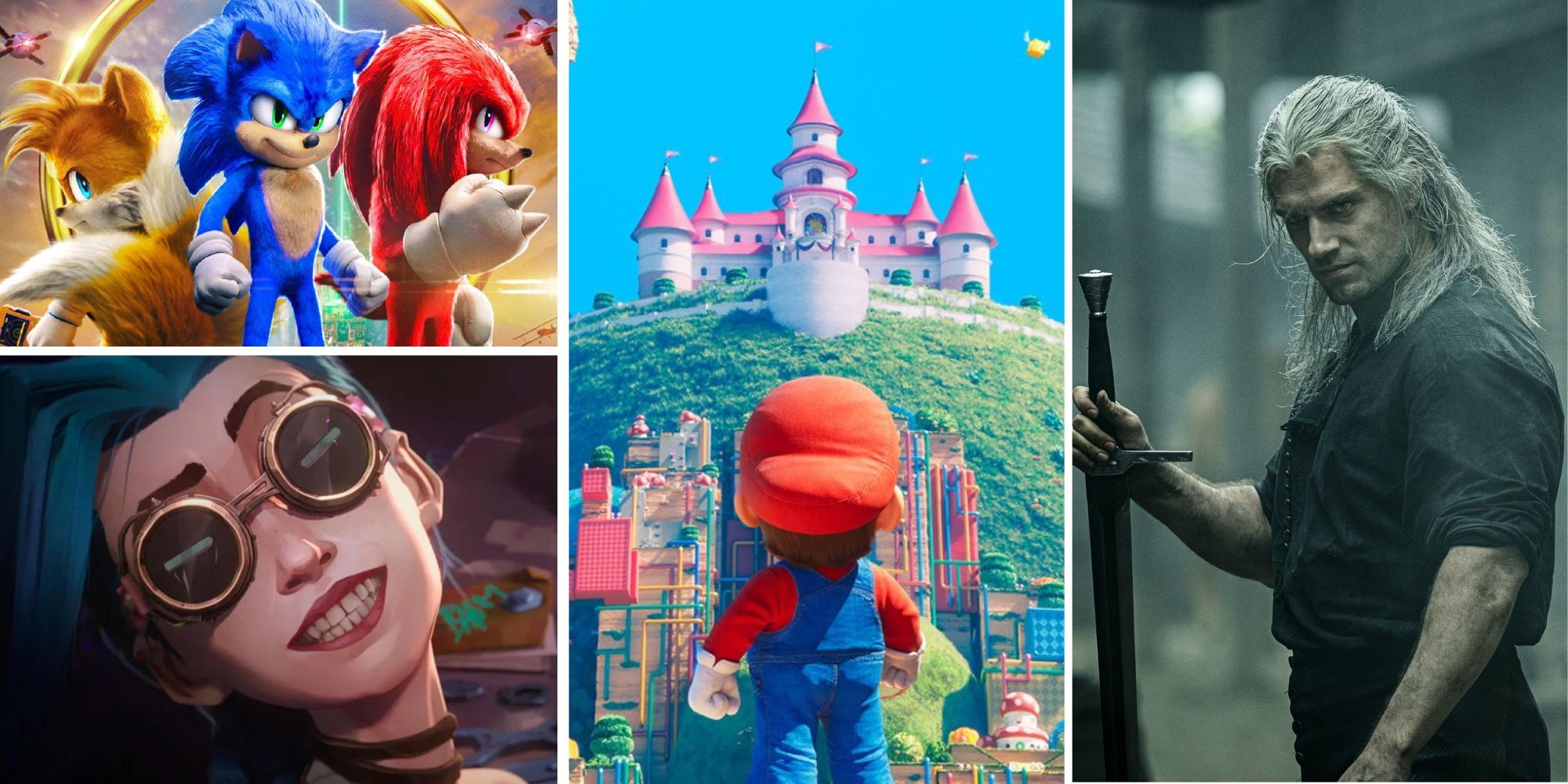 Collage of Upcoming Video Game Movie and TV Adaptations (Arcane, Sonic the Hedgehog 3, Super Mario Bros. Movie, The Witcher)