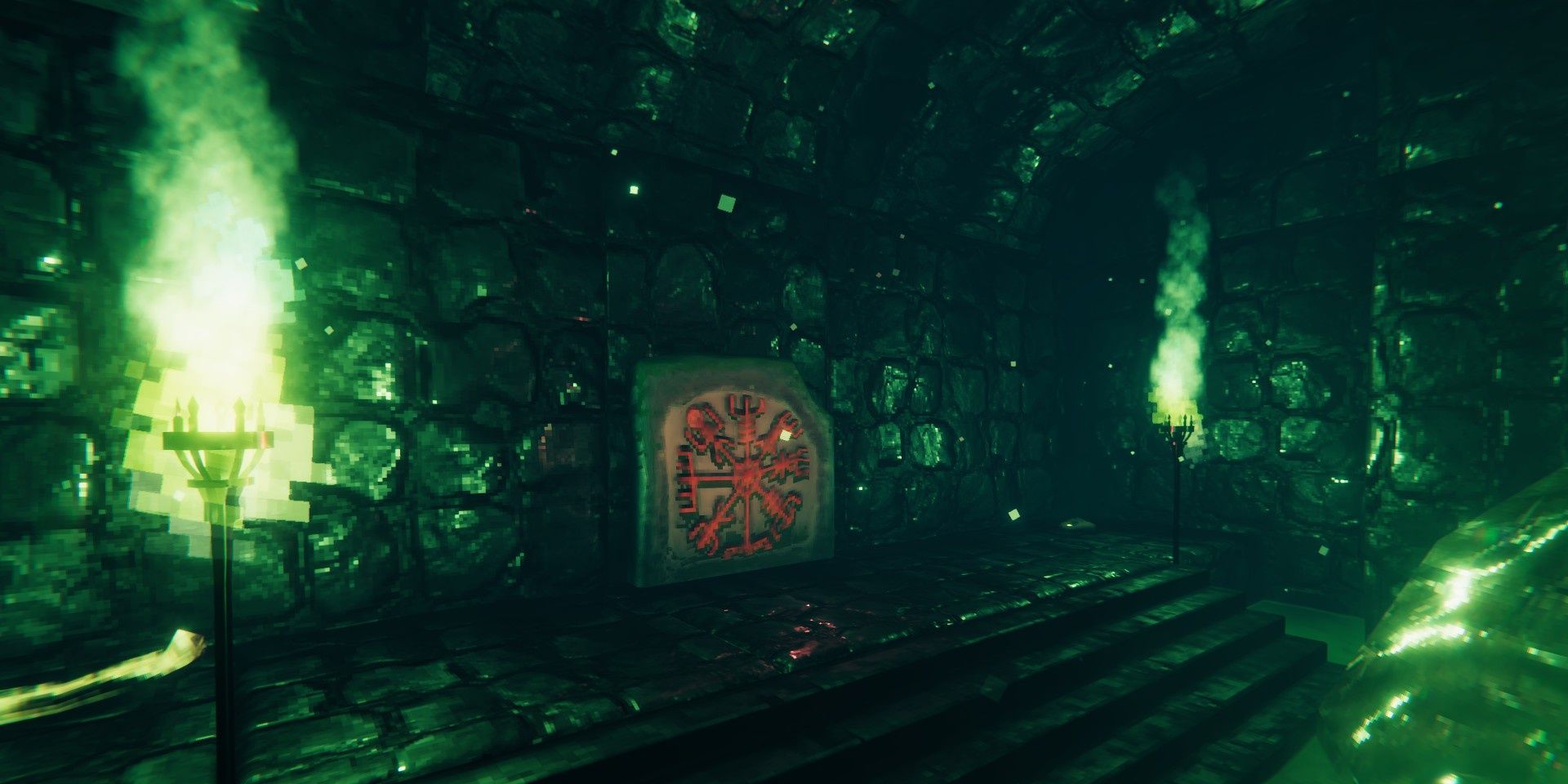 A Bonemass Vegisvir sits in a Sunken Crypt, bathed in sickly green light.