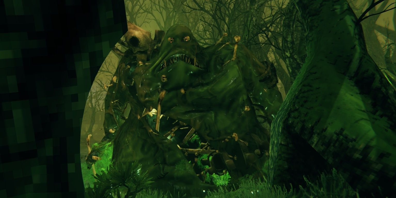 Bonemass stares at the player through a few Ancient Trees in the Swamps.