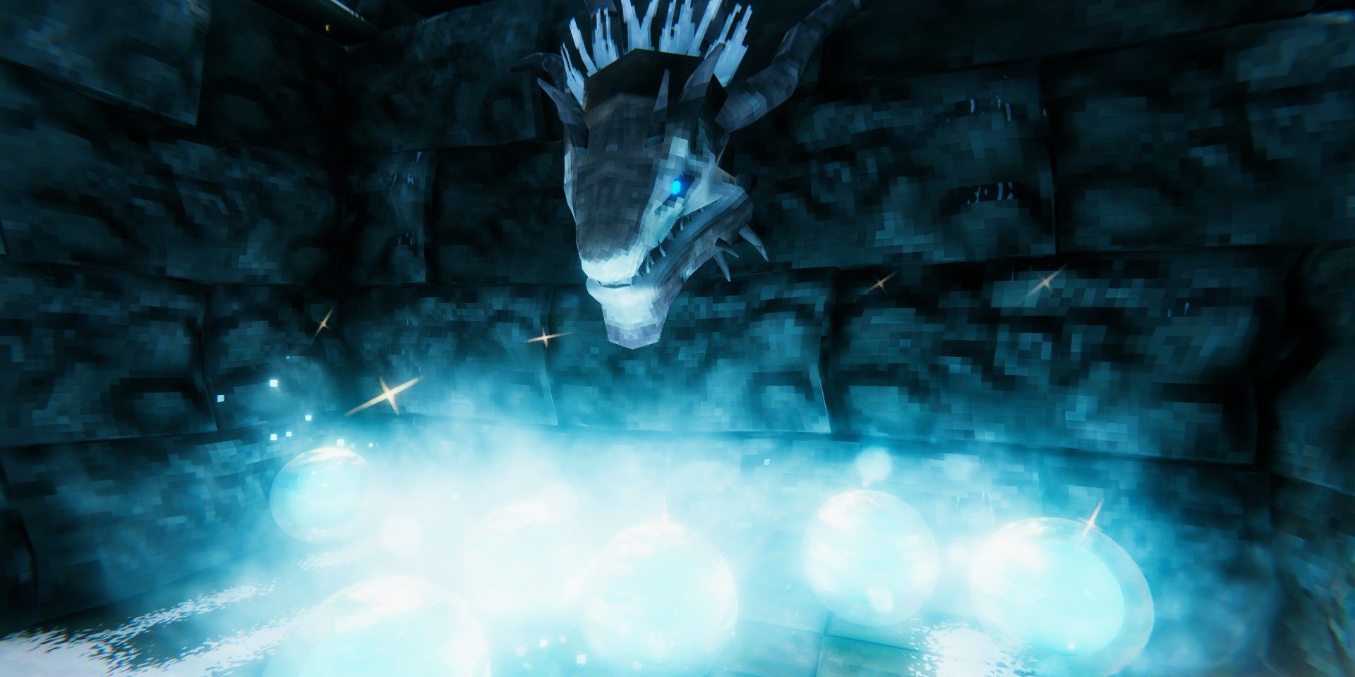 The Moder Trophy hangs above a pile of glowing Dragon Tears by a stone wall.