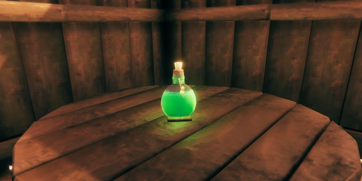 A bottle of Poison Resistance Mead sits on a table in a corner.