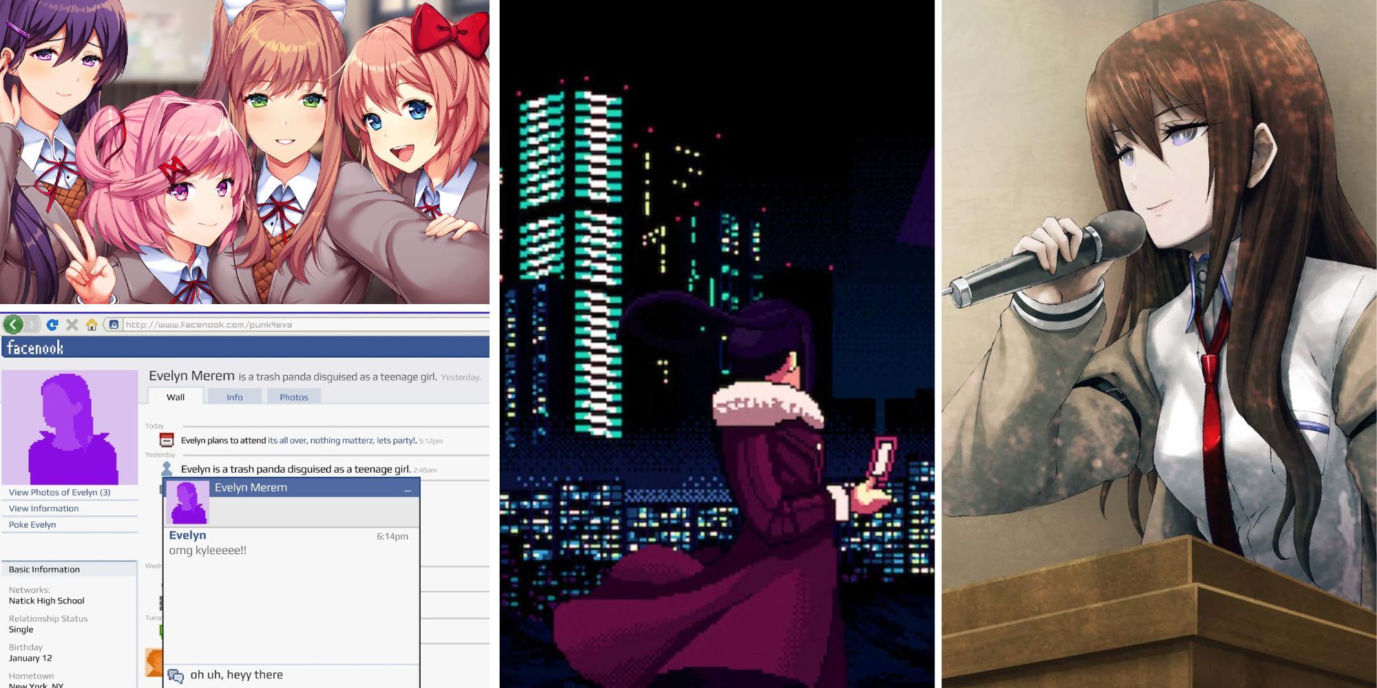Collage of Best Visual Novel Games (Doki Doki Literature Club, Emily Is Away 3, Va-11 Halla-A)