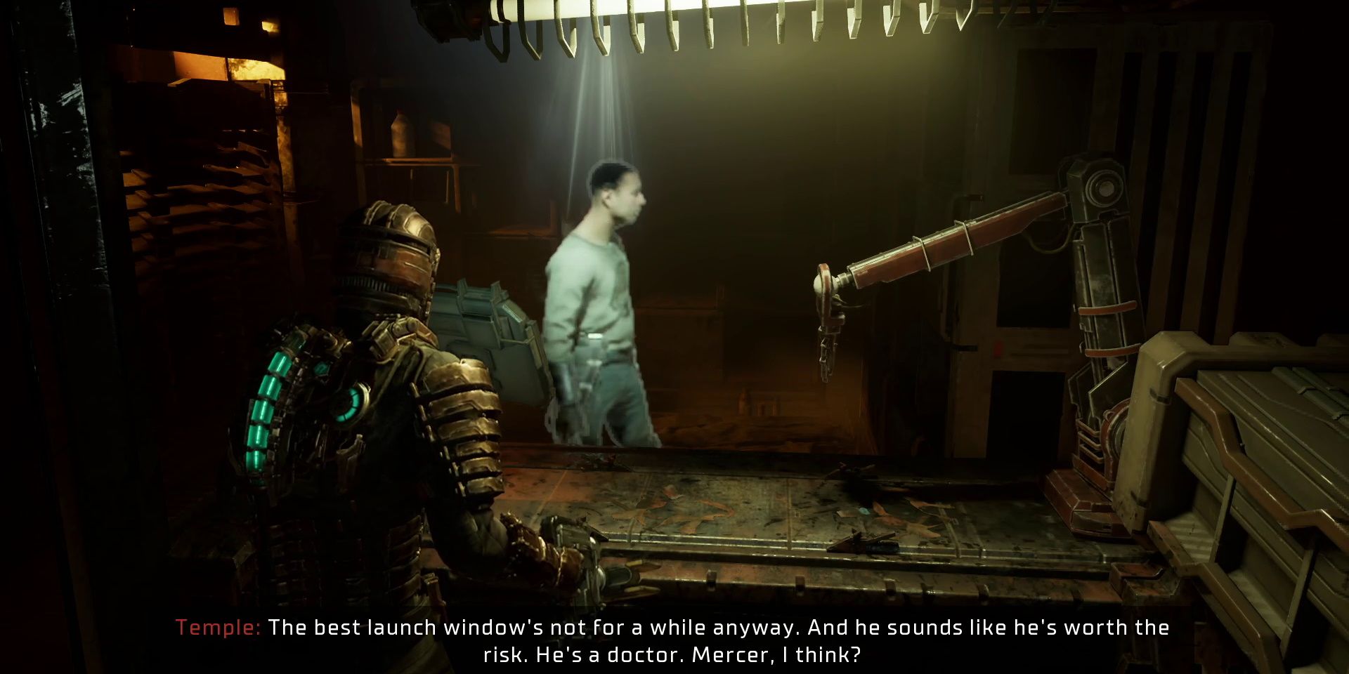 Dead Space Remake Isaac watches a holo recording of Jacob Temple, a fellow engineer