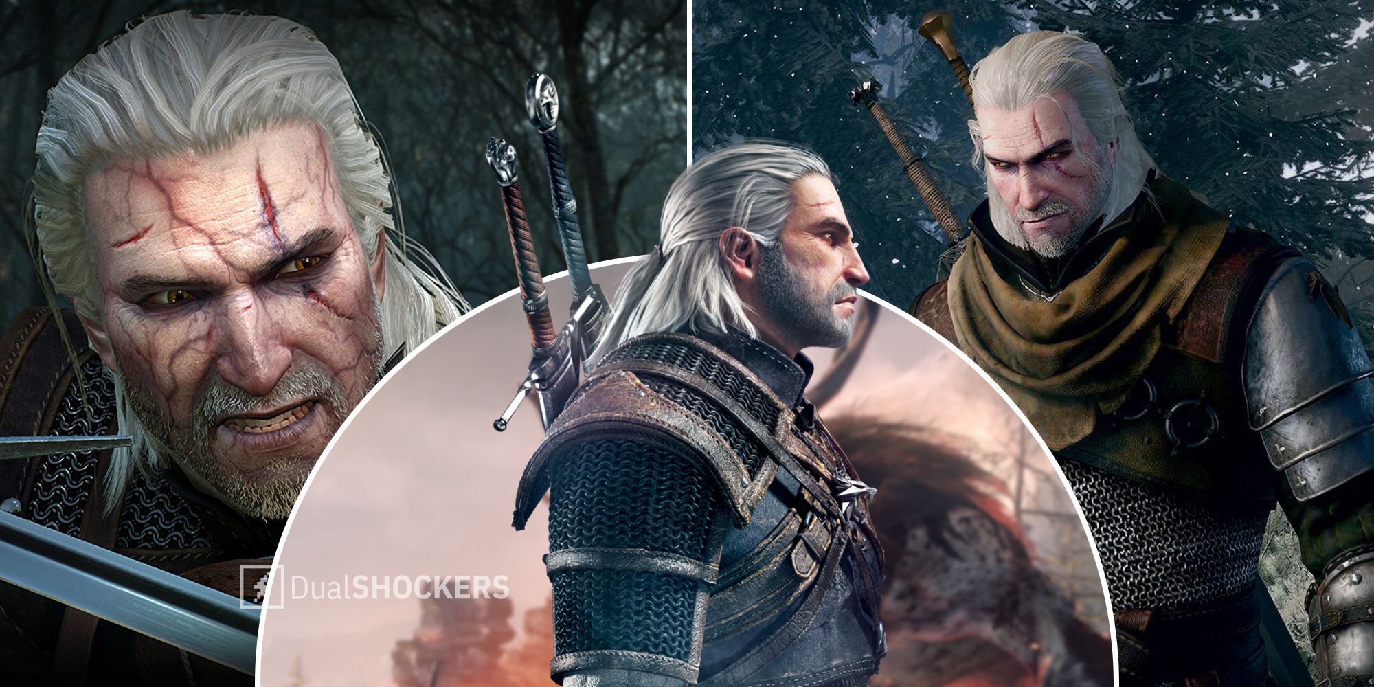 The Witcher 3 Wild Hunt video game, Geralt fighting, side view, and looking angry