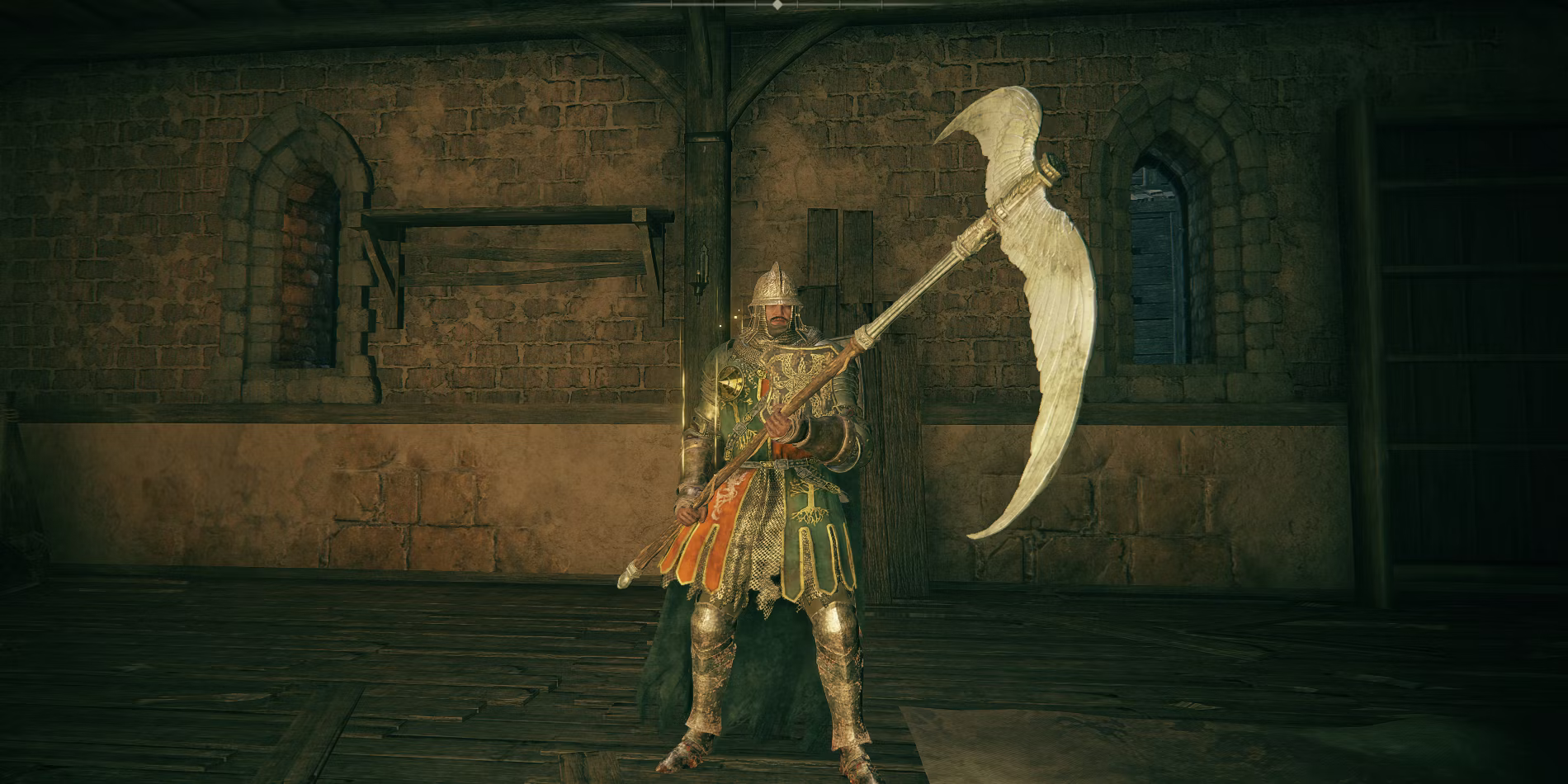 Tarnished in Stormveil Castle holding Winged Scythe