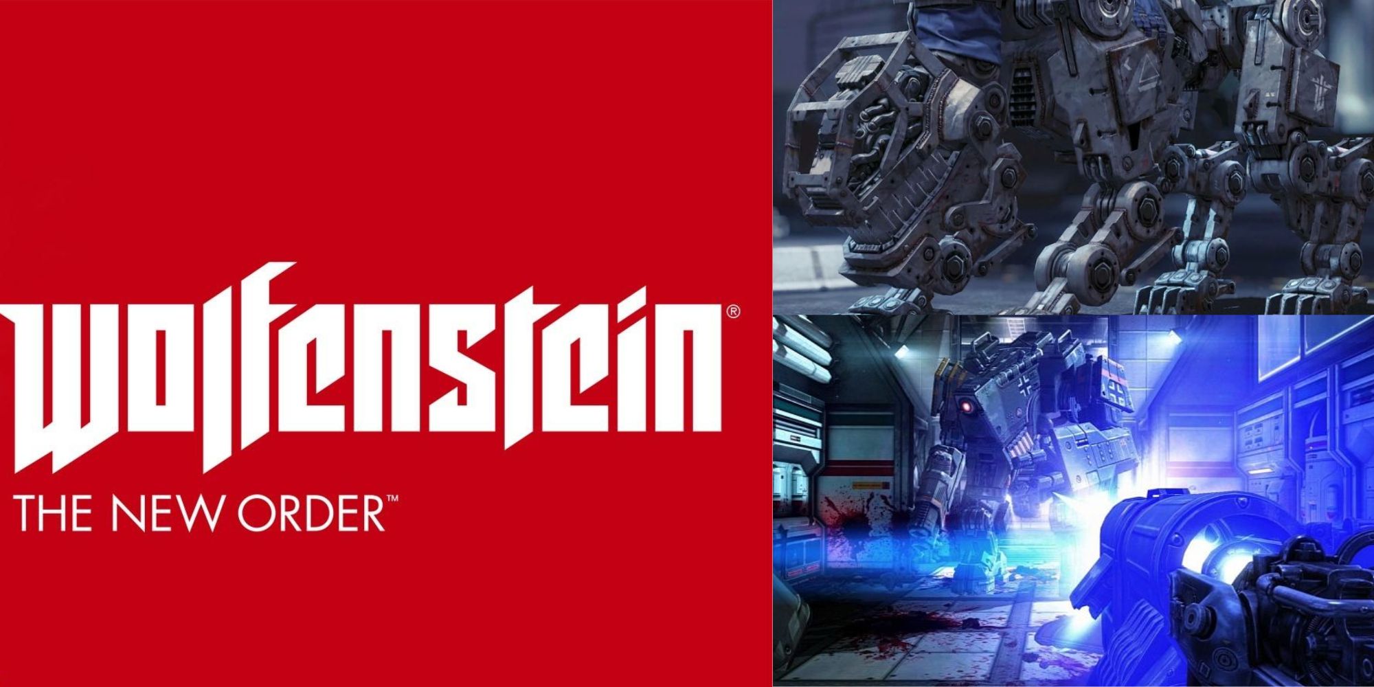 Wolfenstein New Order logo, Panzerhund, and giant robot