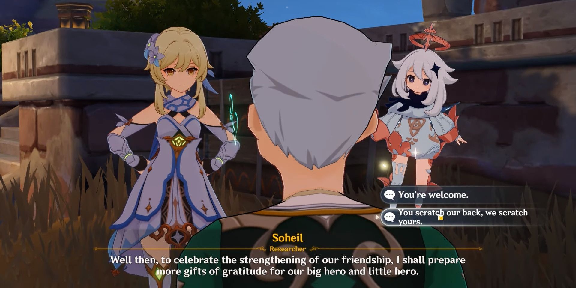 Image of the last conversation with Soheil for the Soheil's Wish quest in Genshin Impact.