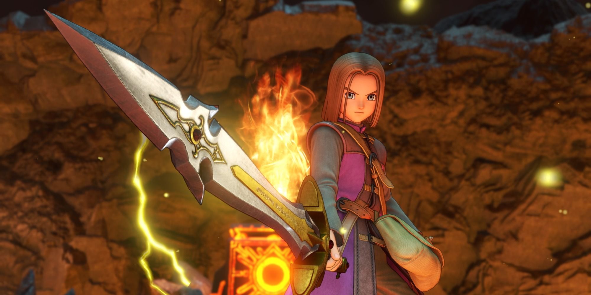 Dragon Quest XI 11 S Echoes of an Elusive Age Luminary hero holding the Sword of Light Kings in the volcano