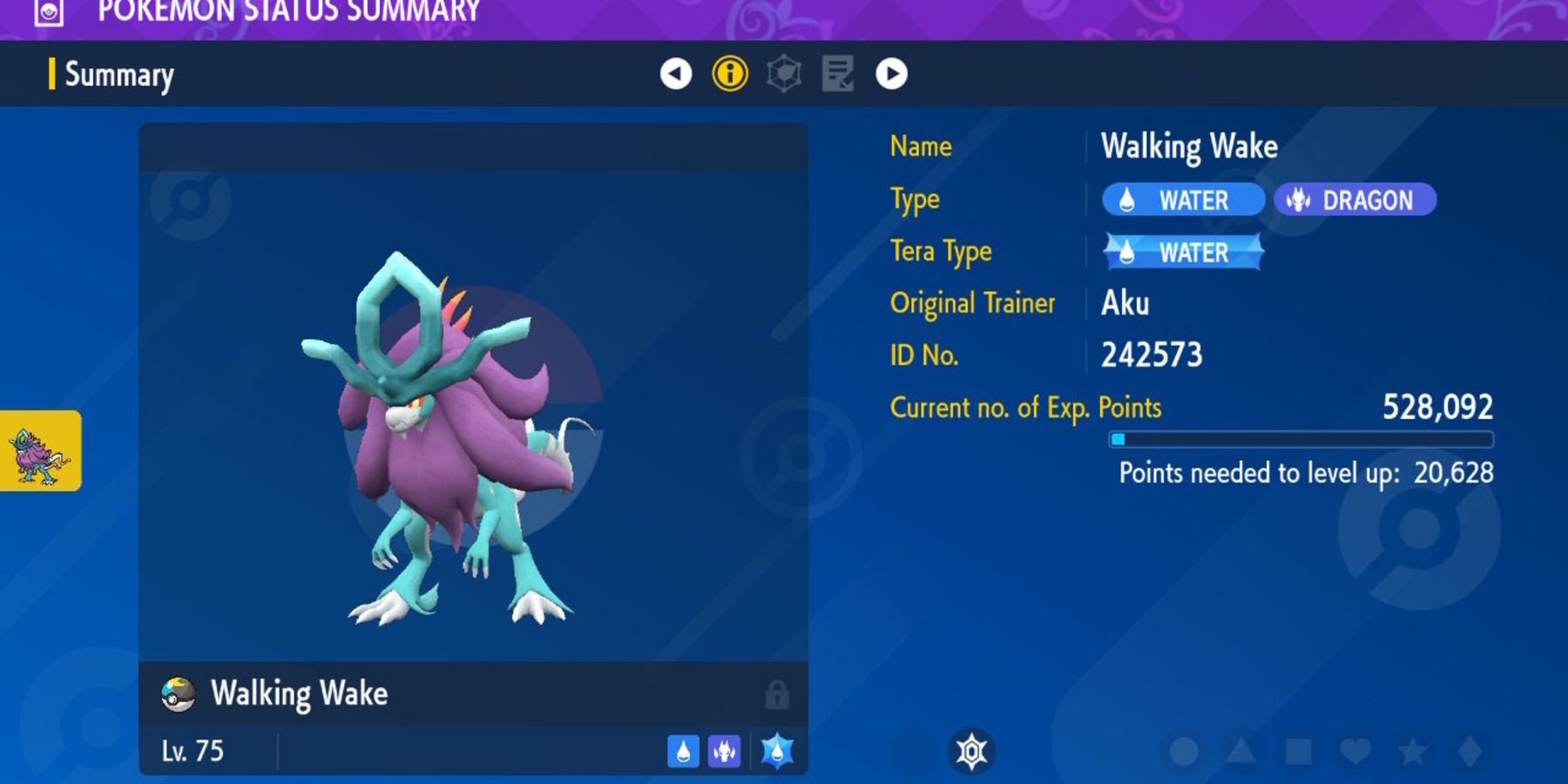 Summary page for Walking Wake in Pokemon Scarlet and Violet.
