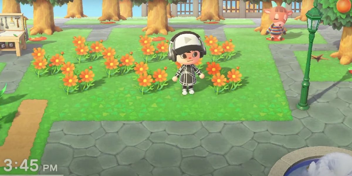 Villager Standing at Diamond Shaped Flower Pattern in Animal Crossing New Horizons