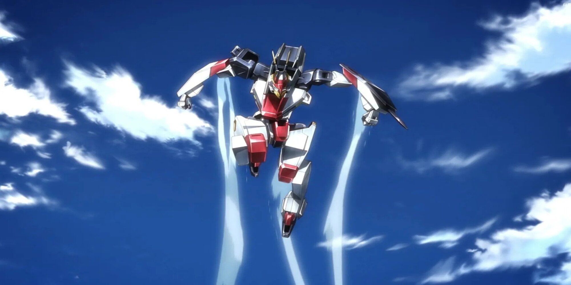A silver and red robot jumps into the sky.
