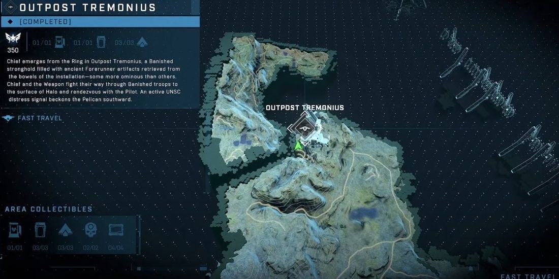 The player in Halo Infinite looks at the open world Outpost Tremonius map. 