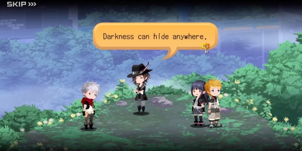 Left to right: Ephemer, Brain, Skuld and Ventus chatting on a cliff