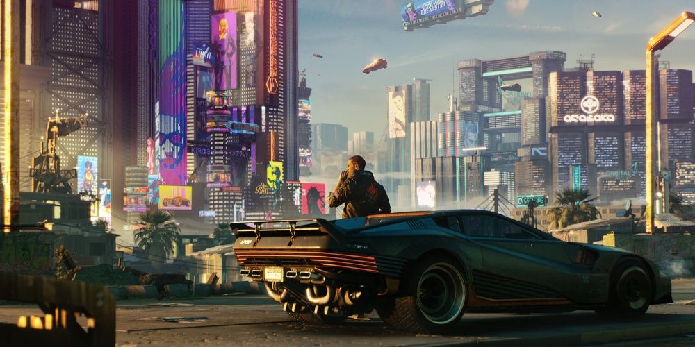 Male V Overlooking Night City Next To His Car In Cyberpunk 2077
