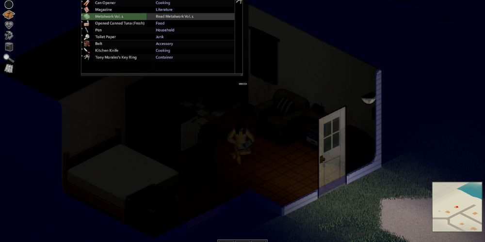 The player sits in a dark house reading, their inventory menu open highlighting 'Metalworks' book