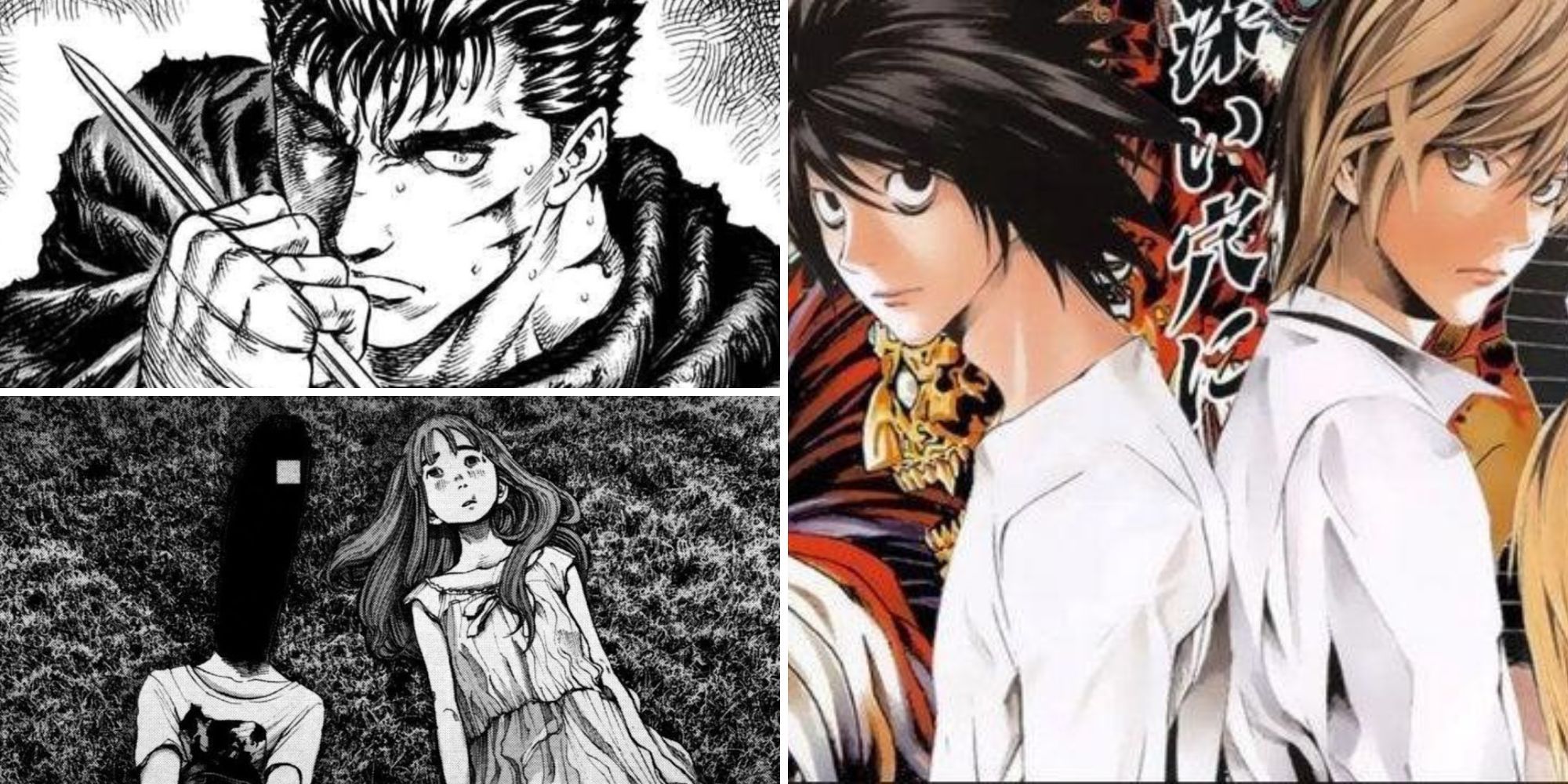 Collage of the Darkest Manga Series (Berserk, Goodnight Punpun, Death Note)