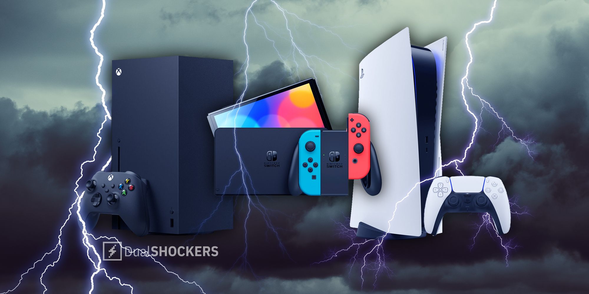Xbox Series X, Nintendo Switch OLED, PlayStation 5 with lightning and storm clouds