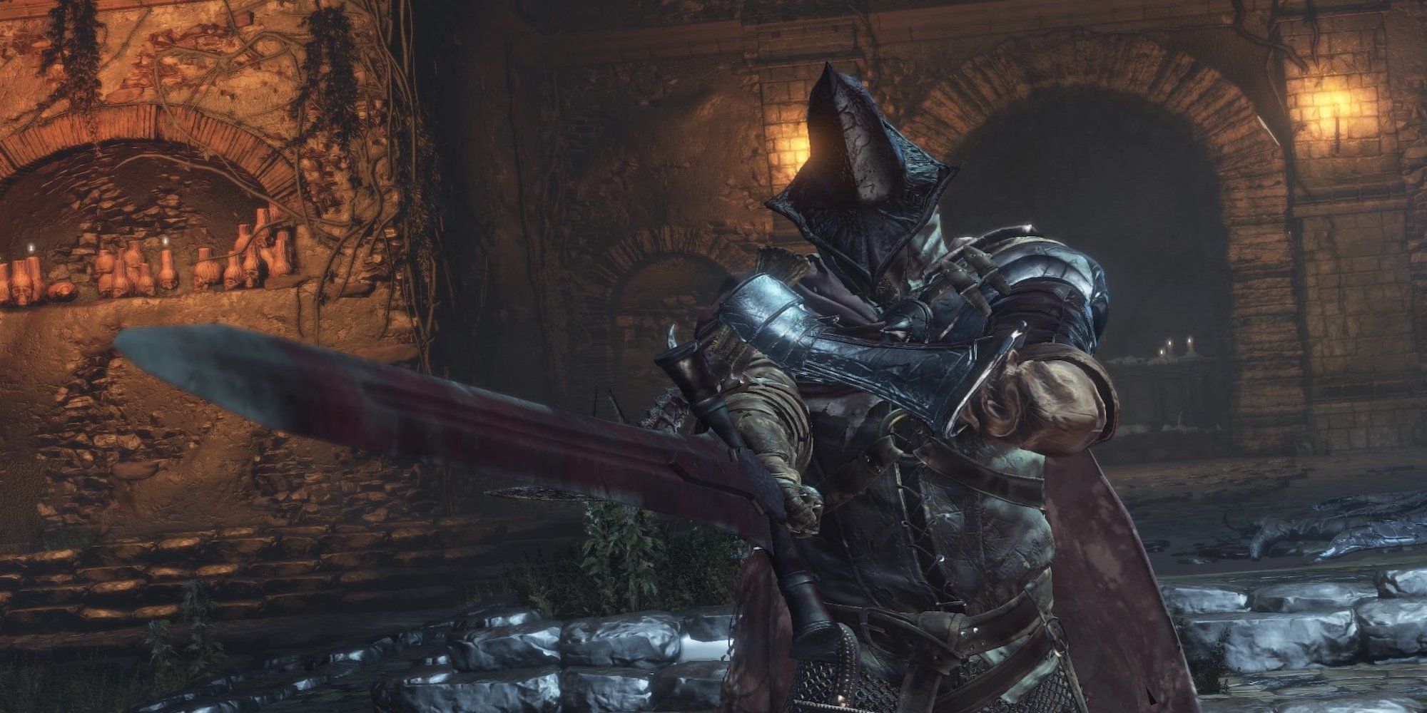 An Abyss Watcher pointing a sword (Dark Souls 3)