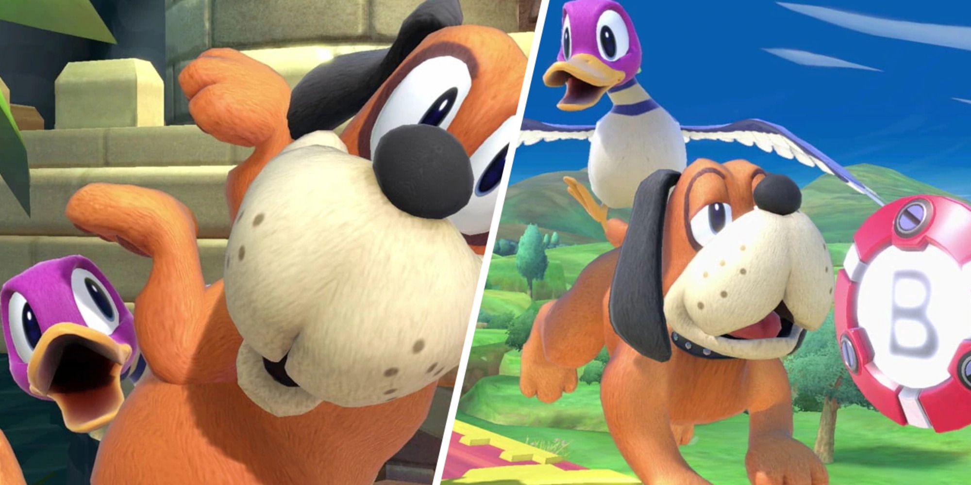 Duck Hunt chasing after a bomb and doing their dodging animation in Super Smash Bros. Ultimate.