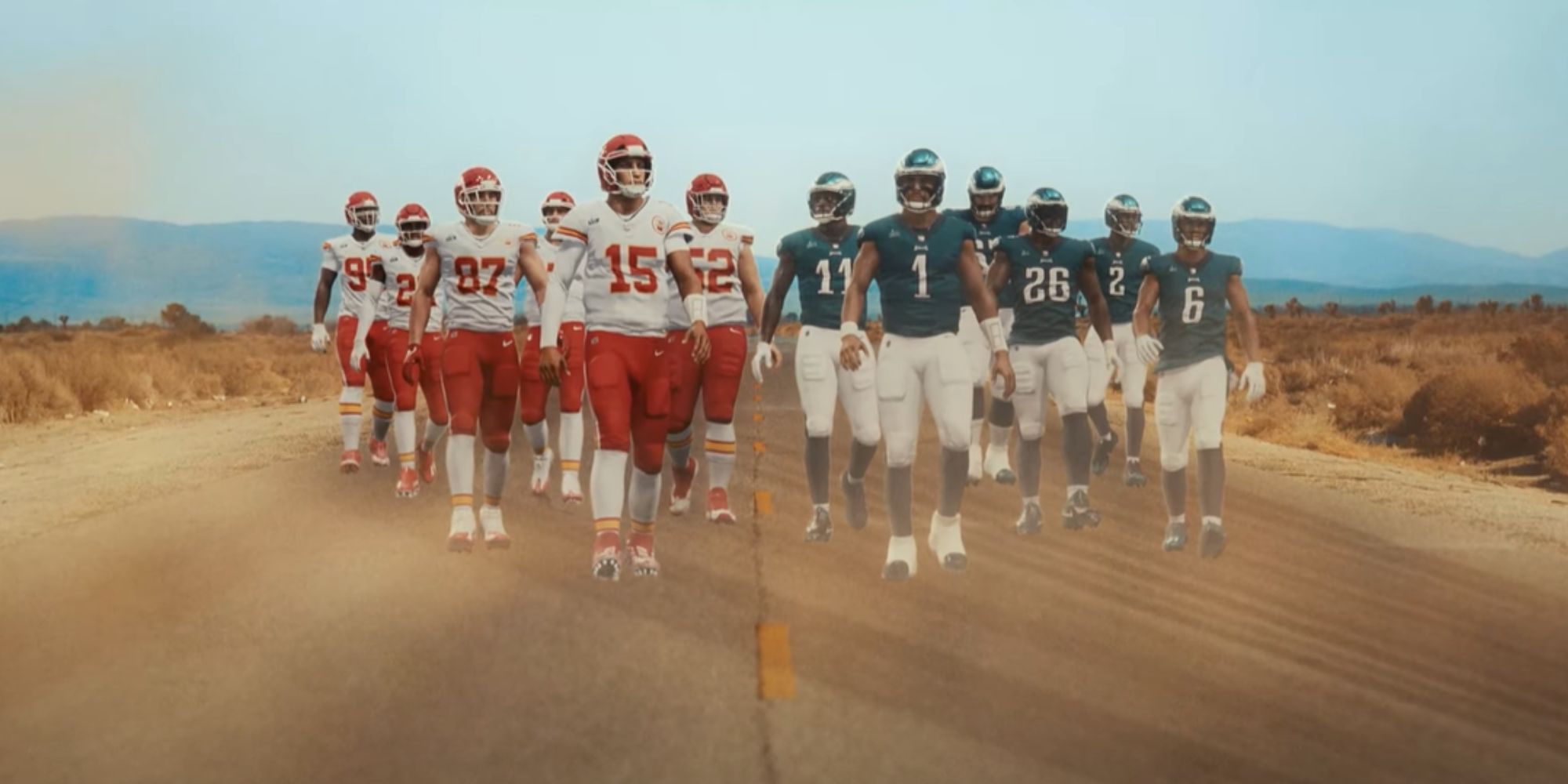 Image shows the Philadelphia Eagles and Kansas City Chiefs featured in the EA Super Bowl prediction video.