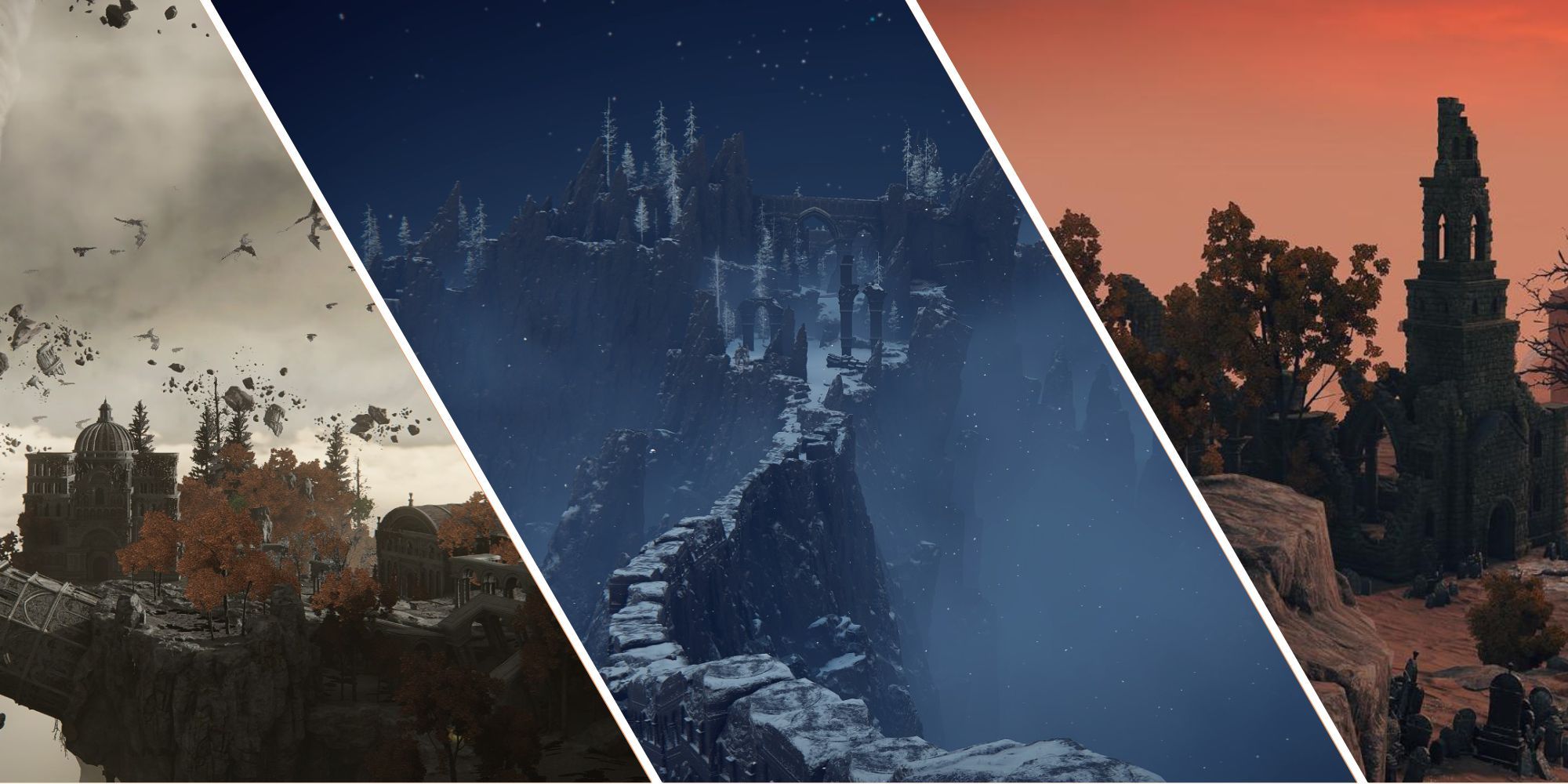 Split image of Crumbling Farum Azula, Mountaintop of the Giants, and Caelid in Elden Ring. 
