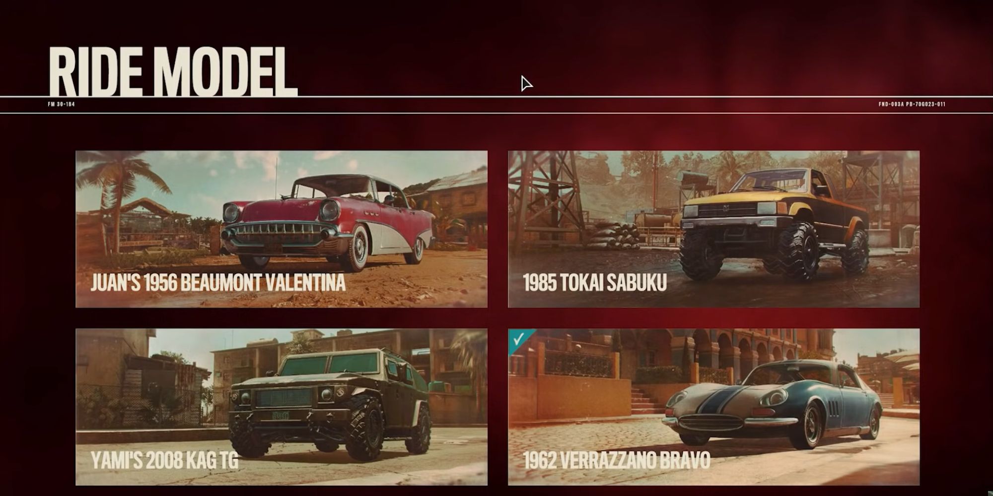All four Far Cry 6 rides shown on a menu screen