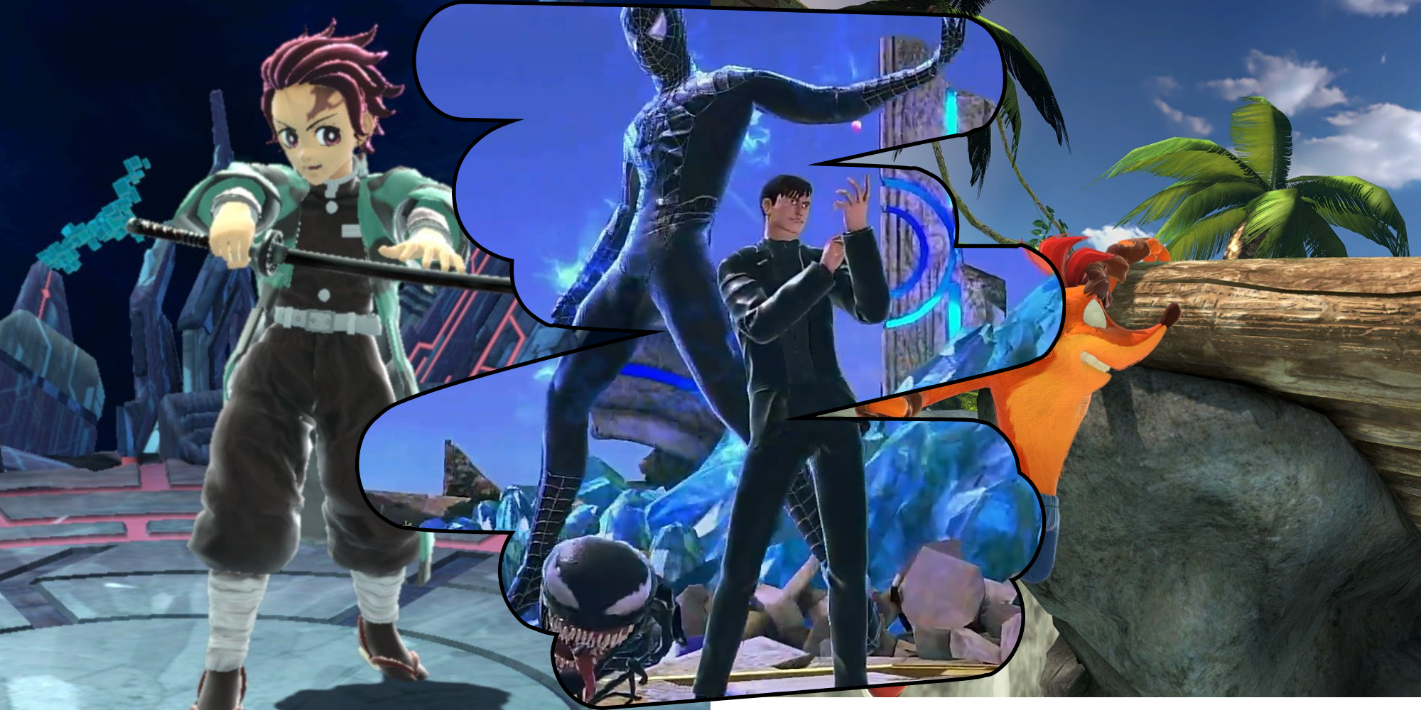 tanjiro, bully maguire, and crash in super smash bros. ultimate