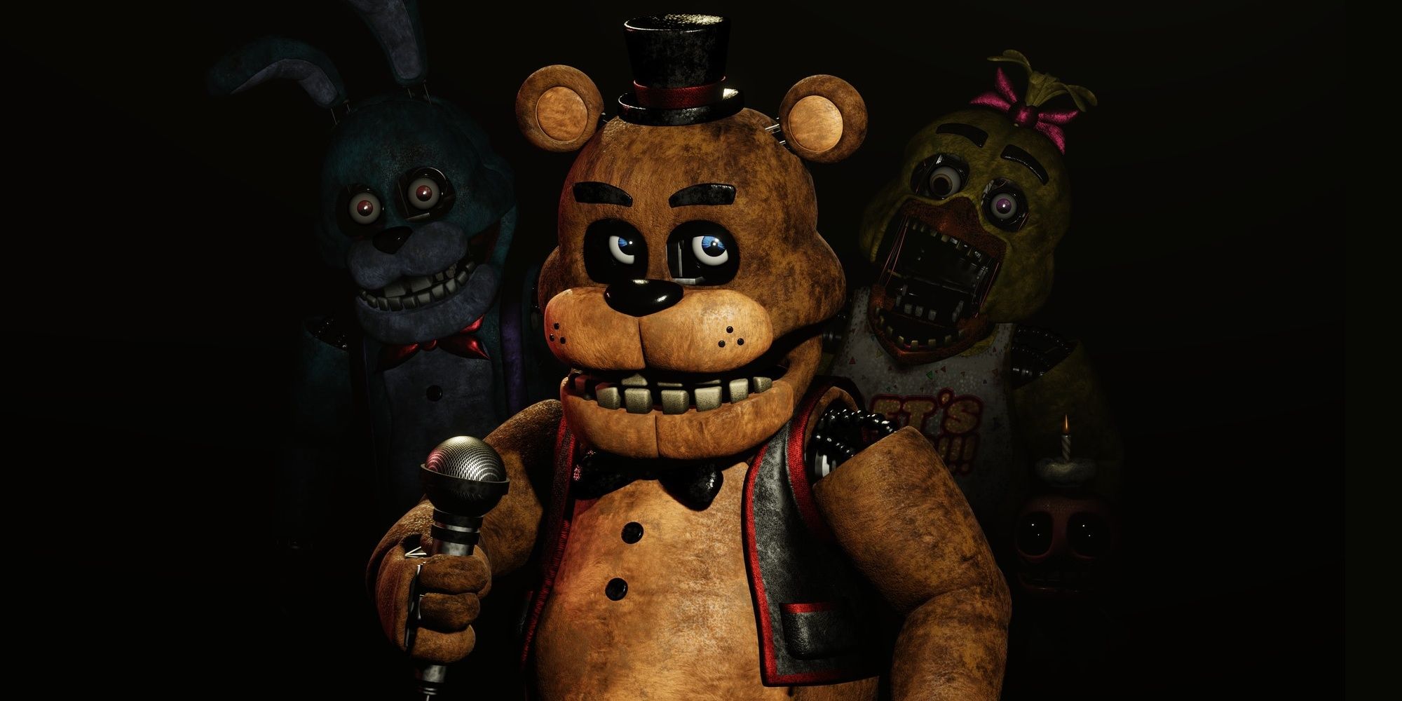 Five Nights At Freddy's Bonnie, Freddy, Chica, and Mr. Cupcake on stage