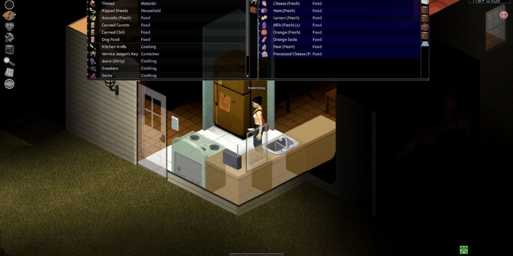 The player is in a kitchen with the menu for the refrigerator contents above, showing various foods