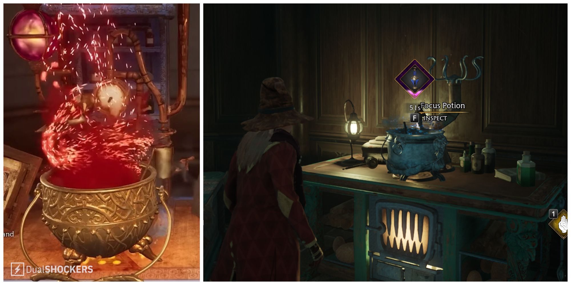Split image of a Maxima Potion being brewed and a Focus Potion in the pot in Hogwarts Legacy.