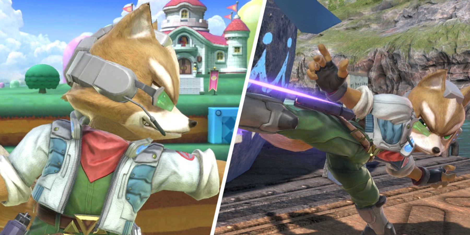 Fox doing one of his idle poses and using jus jab finisher in Super Smash Bros. Ultimate.