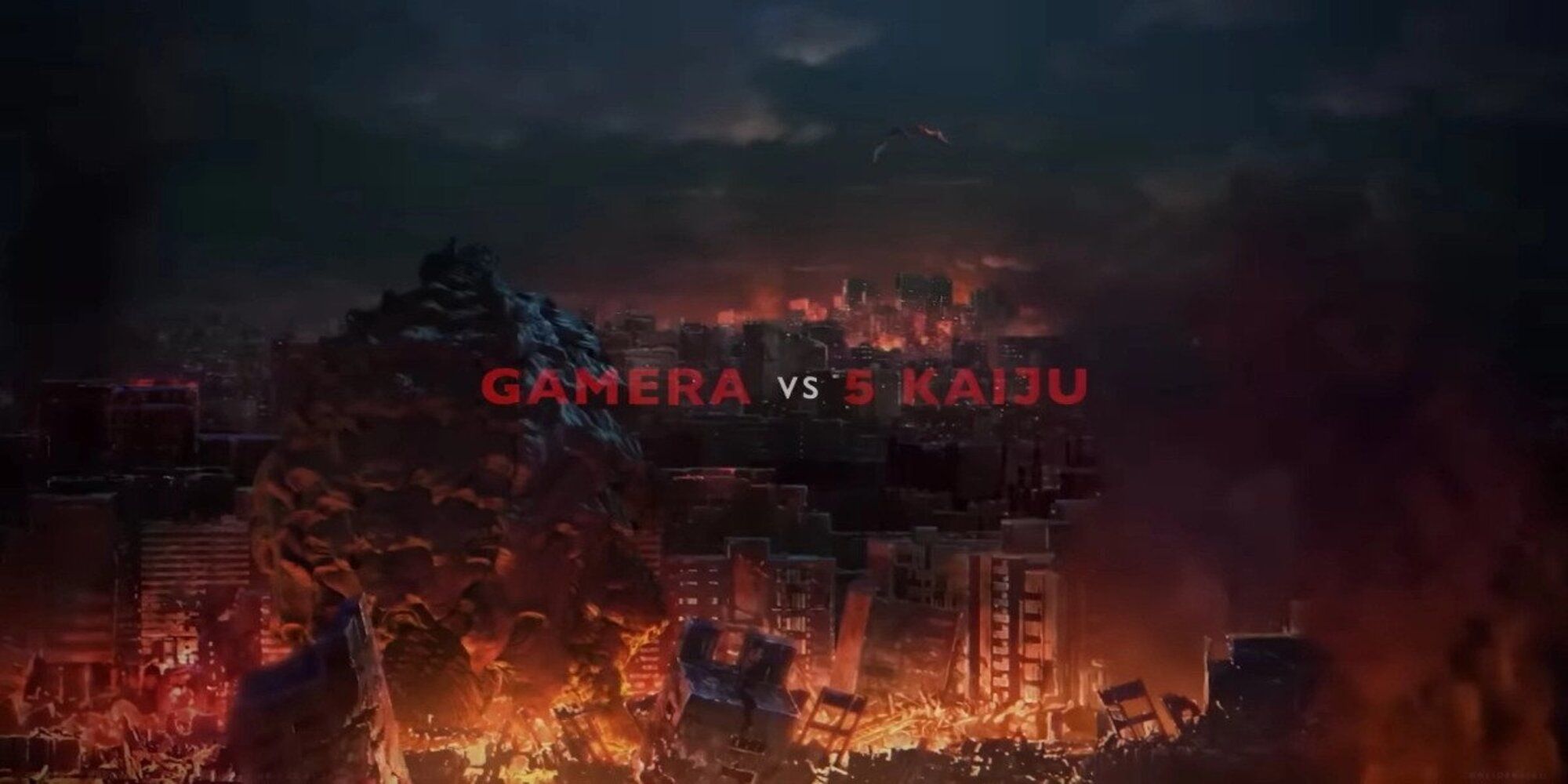 As palavras Gamera vs 5 Kaiju aparecem na frente da cidade destruída.