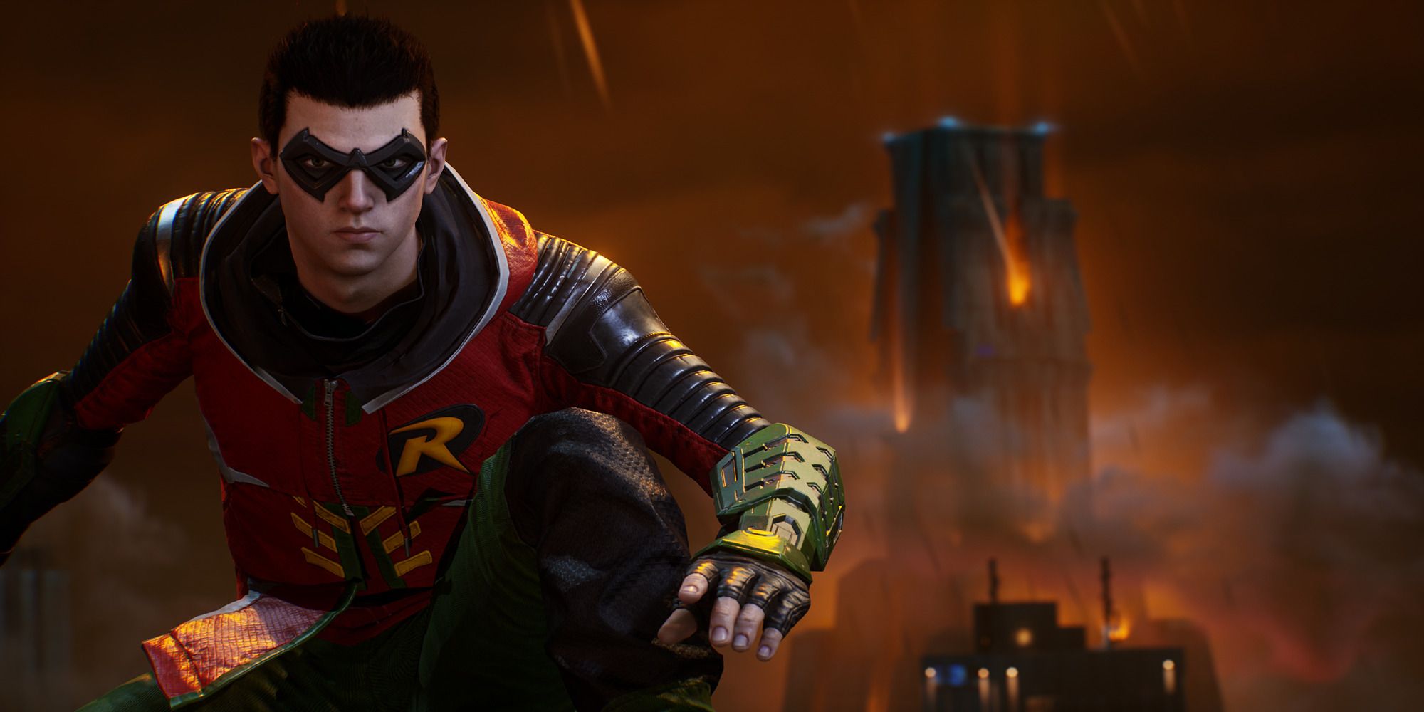 Gotham Knights Robin Tim Drake building and clouds in background